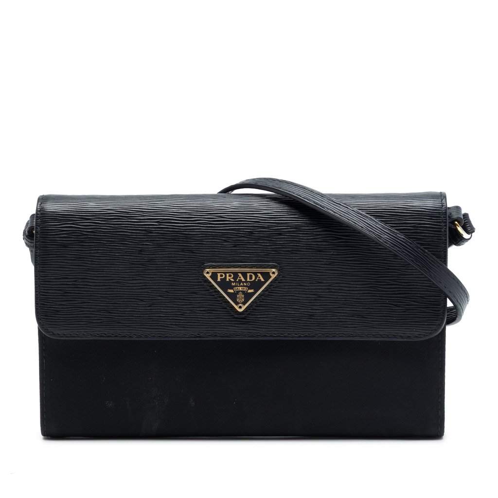 Prada Vitello Move and Tessuto Wallet On Strap Black Very good - Front View