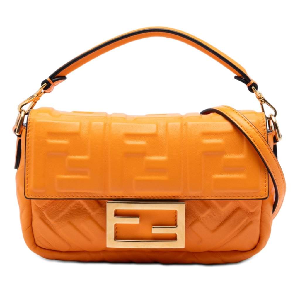 Fendi Mini Zucca Embossed Leather Baguette Satchel Orange Leather Very good condition - Front View