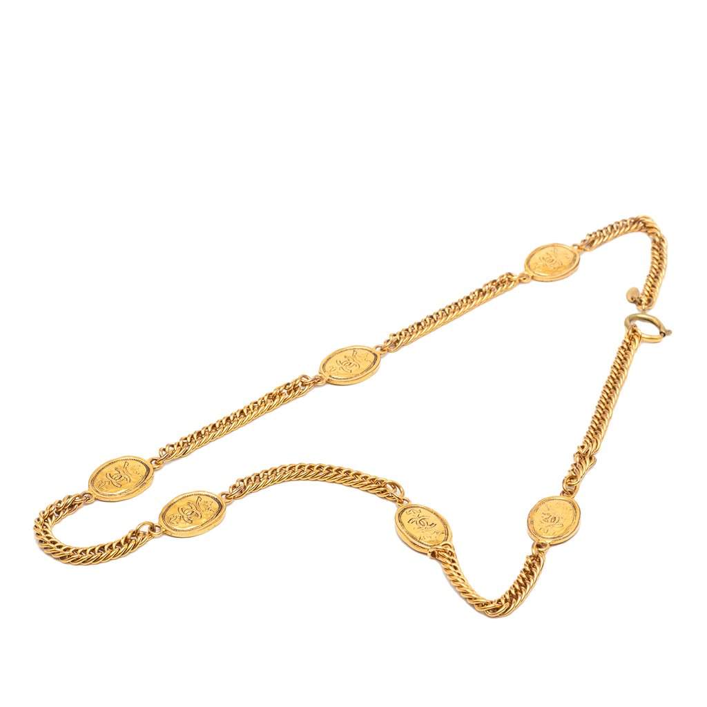 Chanel CC Gold Plated Crown Medallion Station Necklace Gold Metal Very good condition - Front View