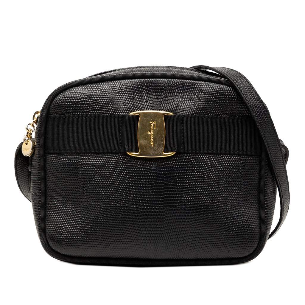 Salvatore Ferragamo Lizard Embossed Leather Vara Crossbody Black Leather Very good condition - Front View