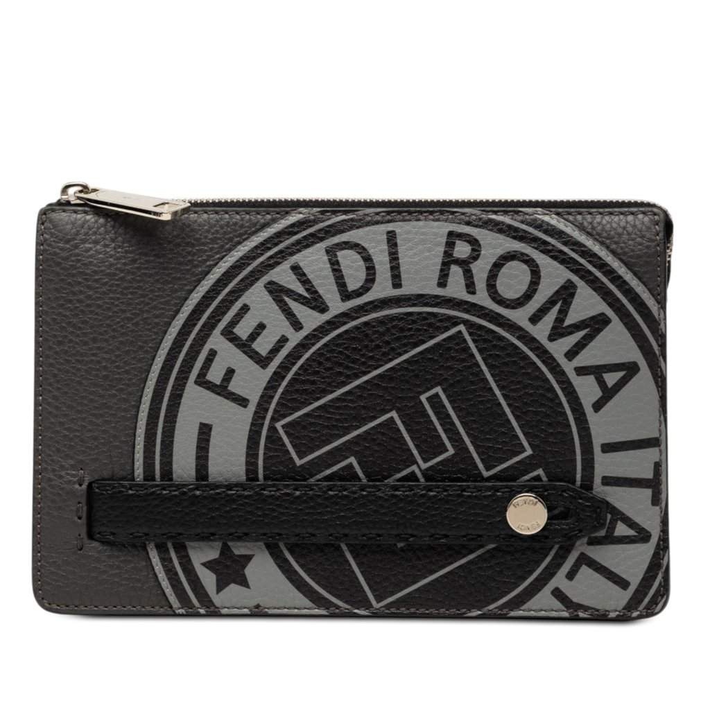 Fendi Grained Leather Roma Selleria Zip Clutch Black Leather Very good - Front View