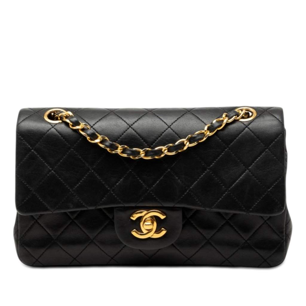 Chanel Small Classic Lambskin Double Flap Black Leather Very good - Front View