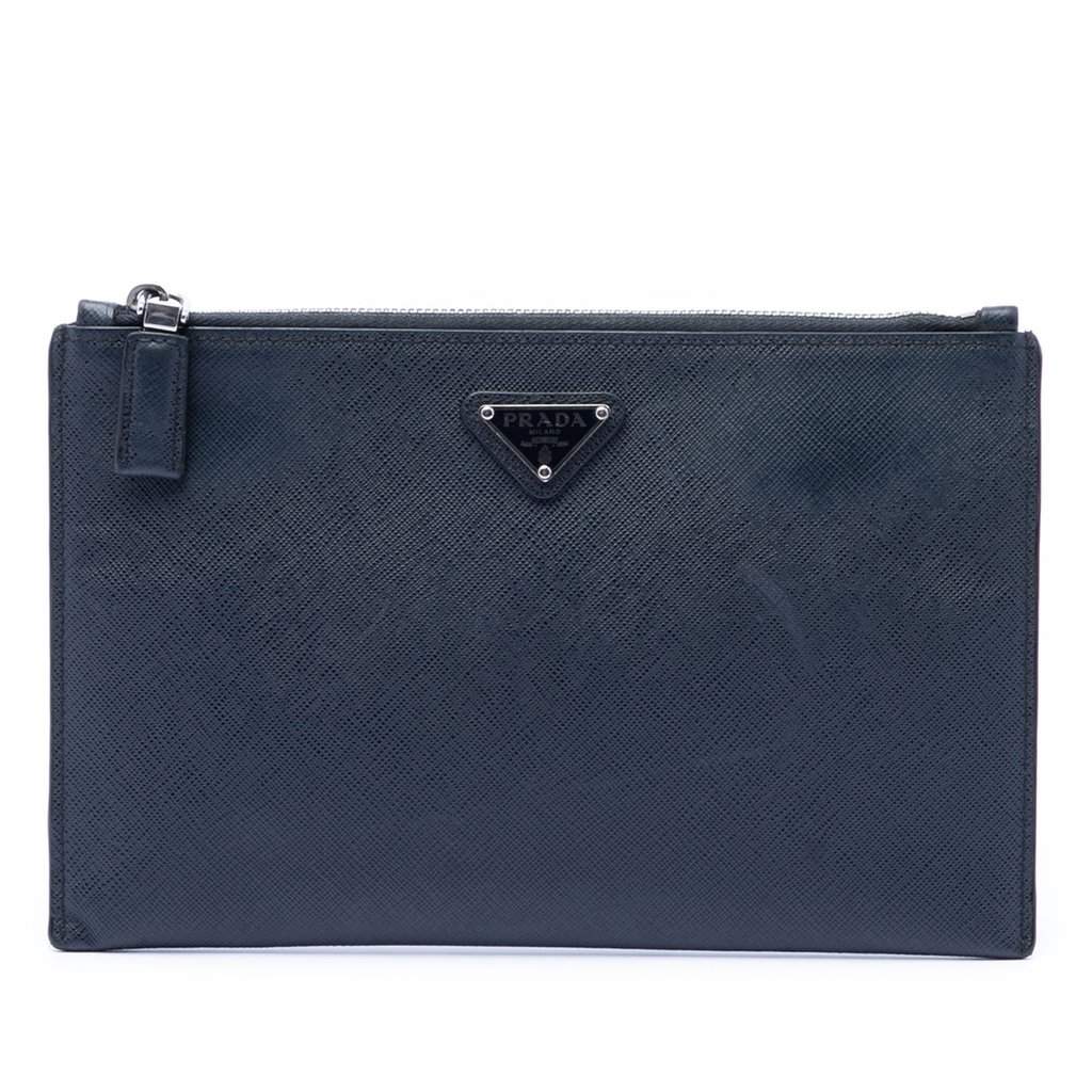 Prada Saffiano Clutch Blue Leather Very good condition - Front View