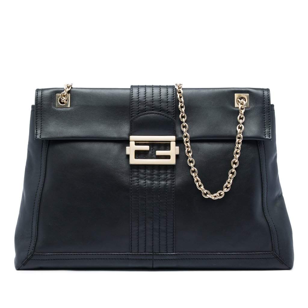 Fendi Leather Maxi Baguette Flap Bag Black Leather Very good - Front View