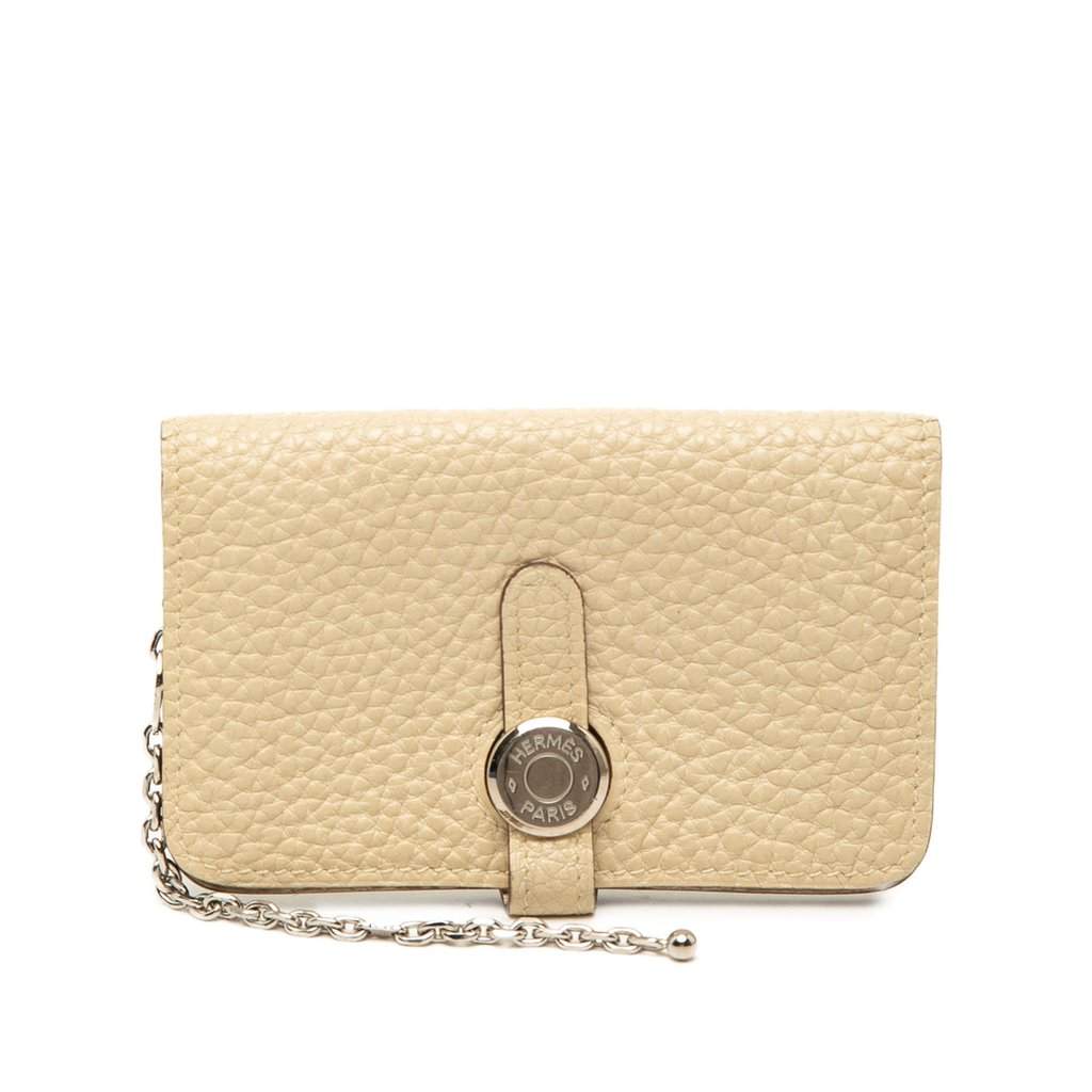 Hermès Clemence Dogon Card Holder with Chain Beige Leather Very good condition - Front View