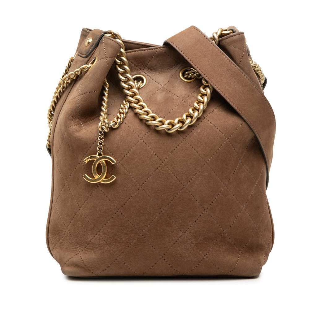 Chanel Small CC Quilted Suede On My Shoulder Drawstring Bucket Bag Brown Leather Very good condition - Front View