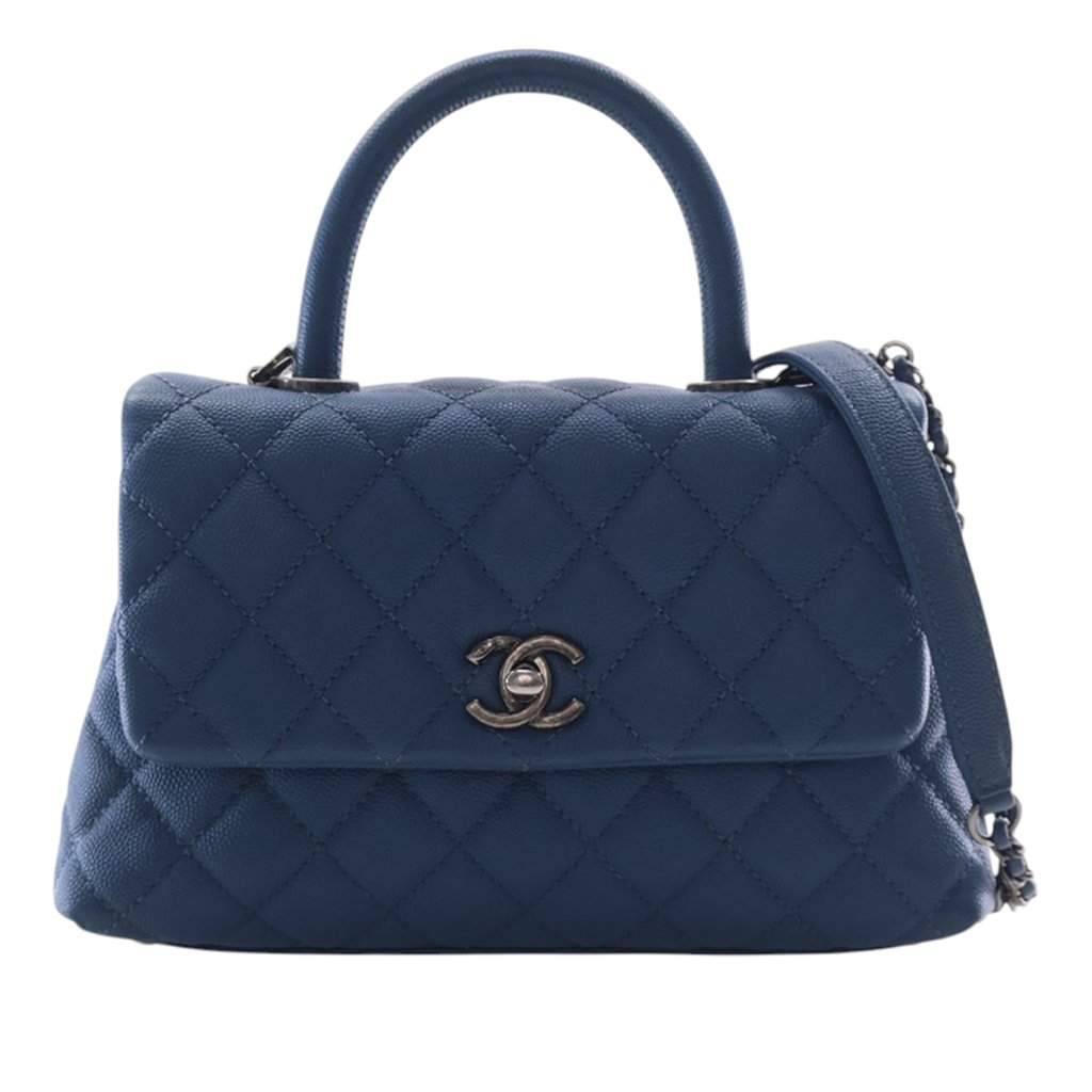 Chanel Mini Quilted Caviar Coco Top Handle Bag Blue Leather Very good condition - Front View