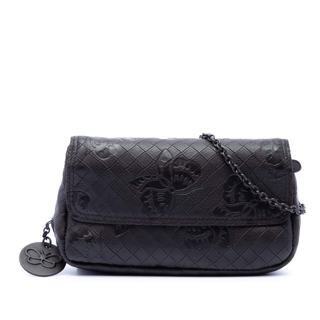 Bottega Veneta Small Calfskin Intrecciomirage Embossed Butterfly Chain Crossbody Black Leather Very good - Front View