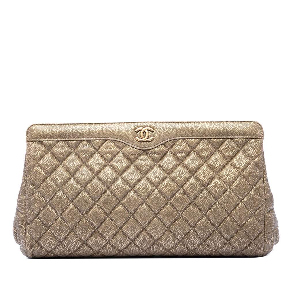 Chanel Large CC Quilted Metallic Caviar Frame Clutch Gold Leather Very good - Front View