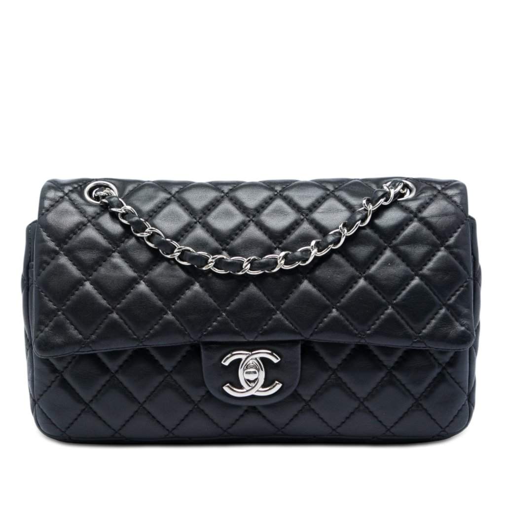 Chanel Medium Classic Lambskin Double Flap Black Leather Very good - Front View