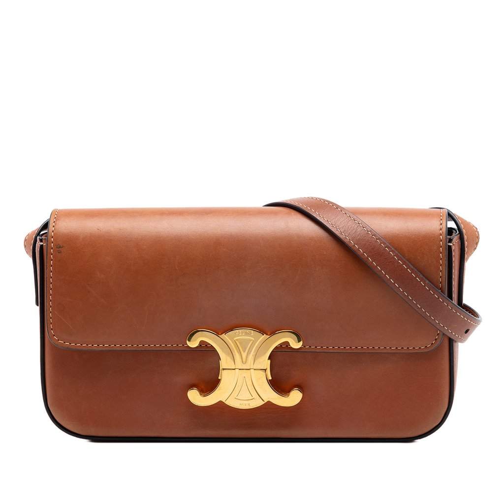 Celine Shiny Calfskin Claude Shoulder Bag Brown Leather Very good condition - Front View
