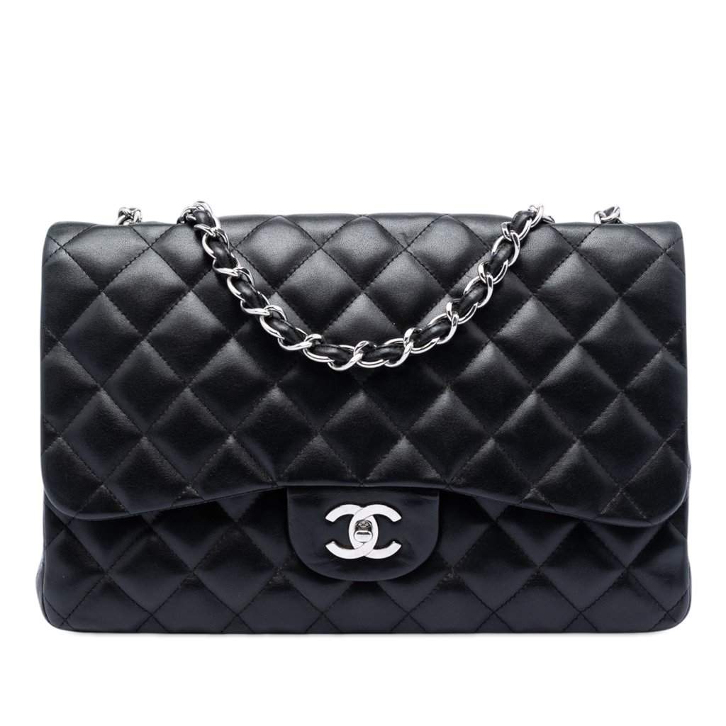 Chanel Jumbo Classic Lambskin Single Flap Black Leather Very good condition - Front View