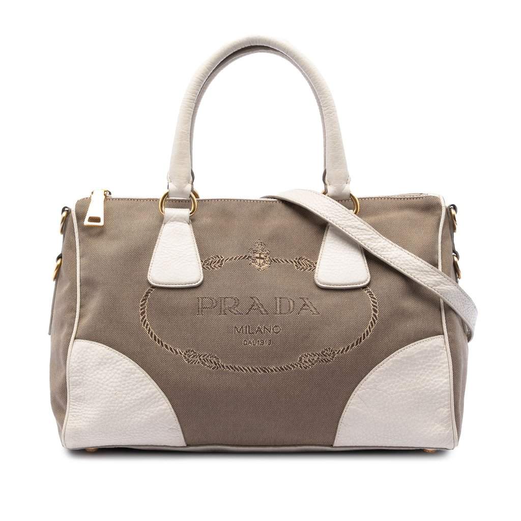 Prada Vitello Daino Trimmed Canvas Canapa Logo Satchel Brown Good condition - Front View