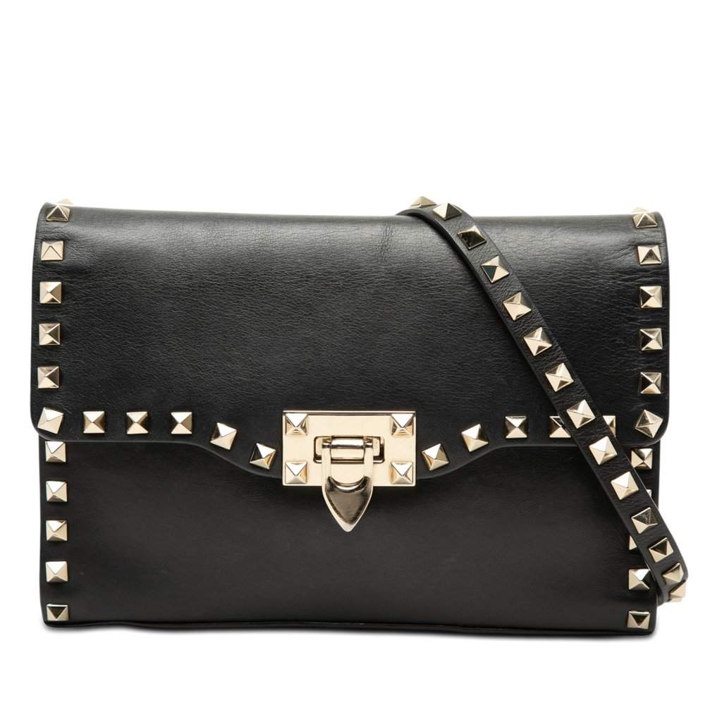 Valentino Small Leather Rockstud Flap Crossbody Black Leather Very good - Front View