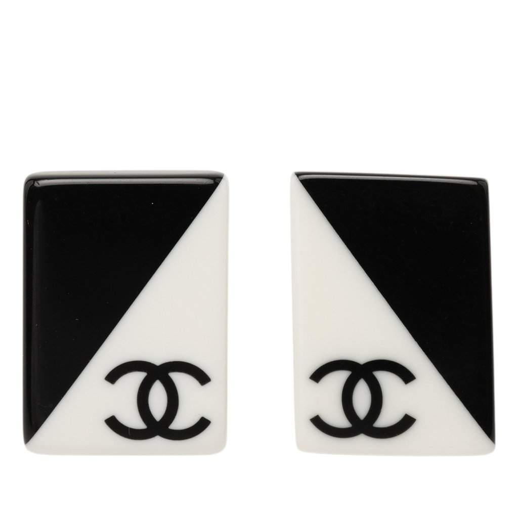 Chanel CC Bicolor Acrylic Rectangular Clip On Earrings Black Plastic Very good condition - Front View
