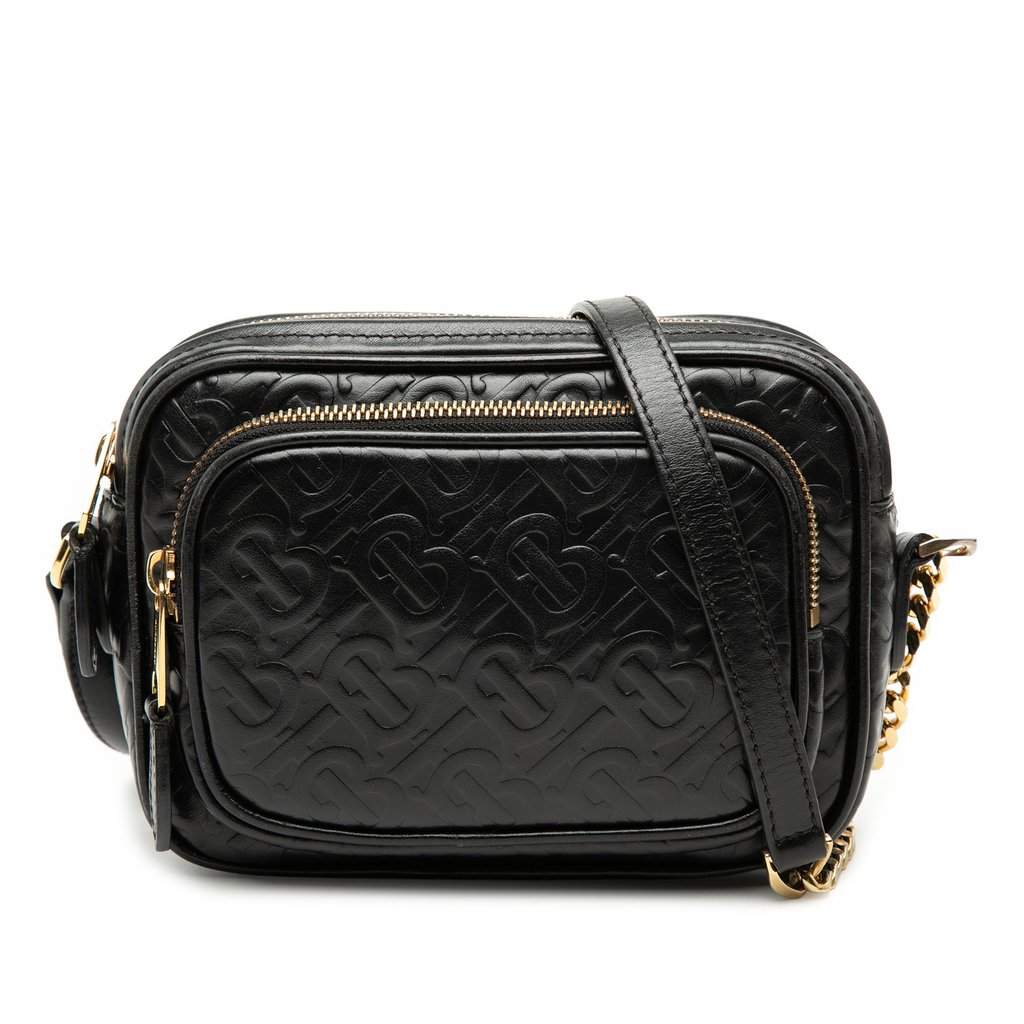 Burberry Embossed Calfskin TB Monogram Camera Chain Crossbody Black Leather Very good - Front View