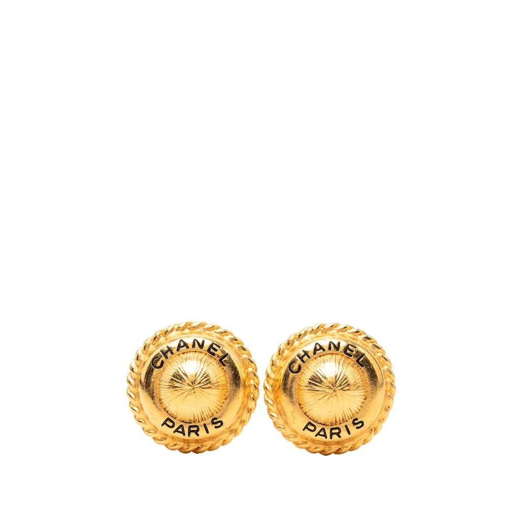Chanel Gold Plated Logo Round Clip On Earrings Gold Metal Very good condition - Front View