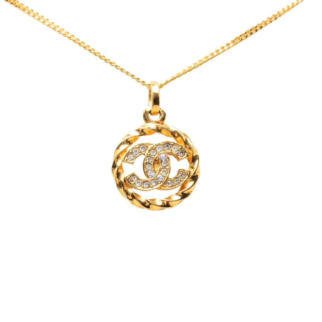Chanel CC Gold Plated Strass Round Pendant Necklace Gold Metal Very good condition - Front View