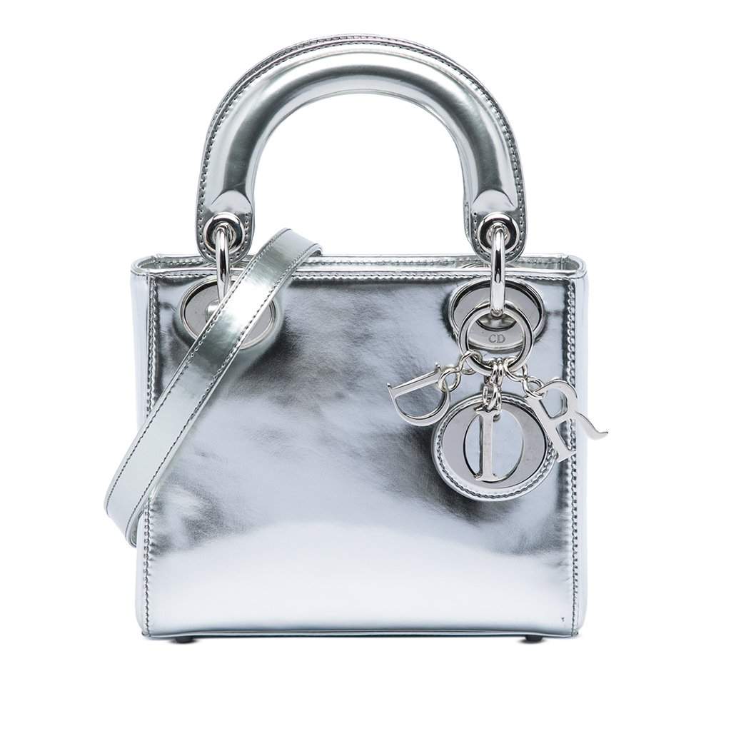 Dior Mini Metallic Patent Lady Dior Silver Leather Very good condition - Front View