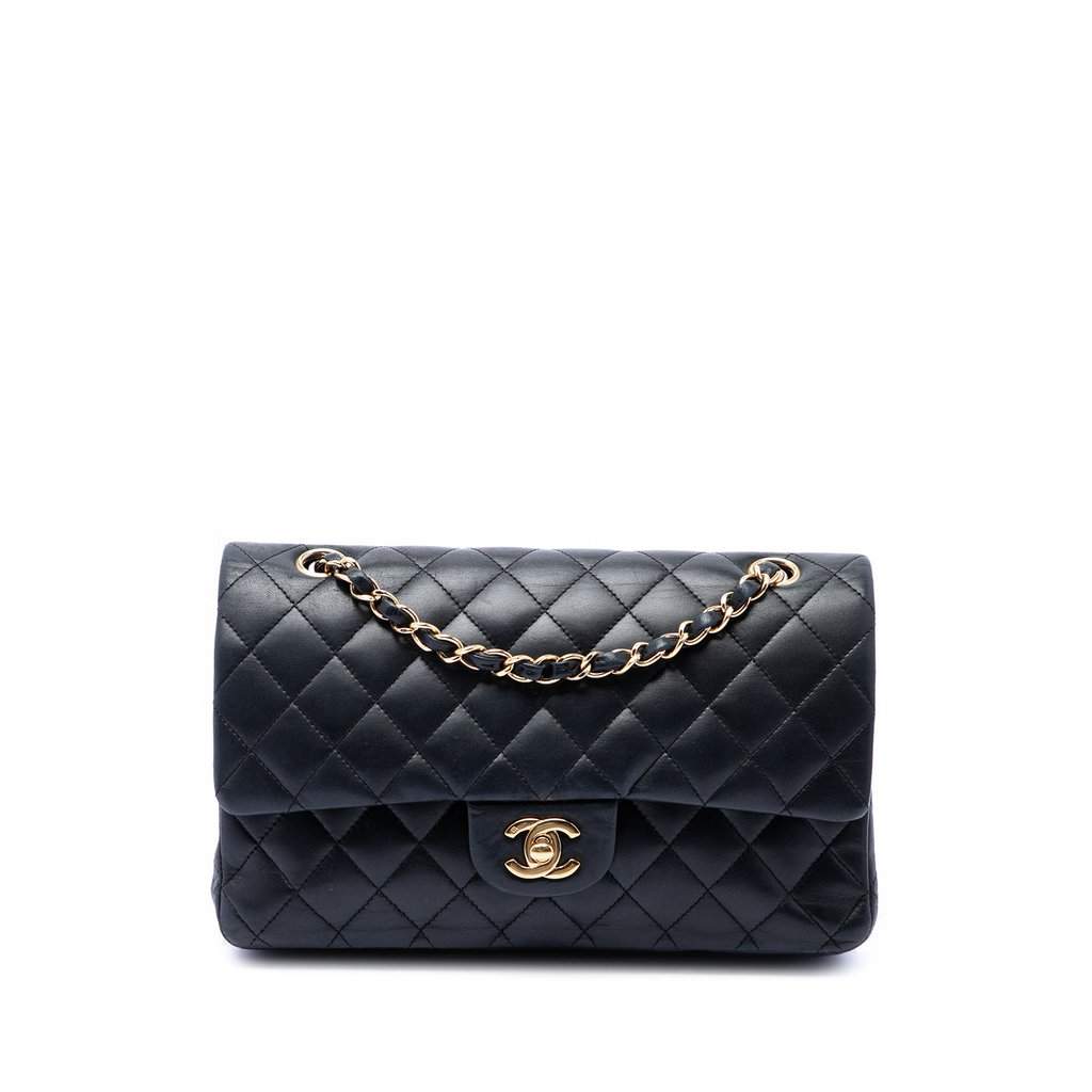 Chanel Medium Classic Lambskin Double Flap Black Leather Very good - Front View