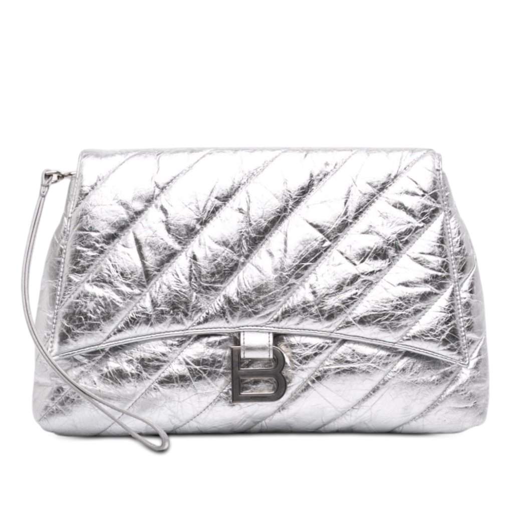 Balenciaga Medium Metallic Calfskin Crush Pochette Silver Leather Very good - Front View