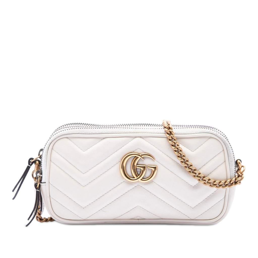 Gucci Mini GG Marmont Matelasse Calfskin Triple Zip Crossbody White Leather Very good condition - Front View