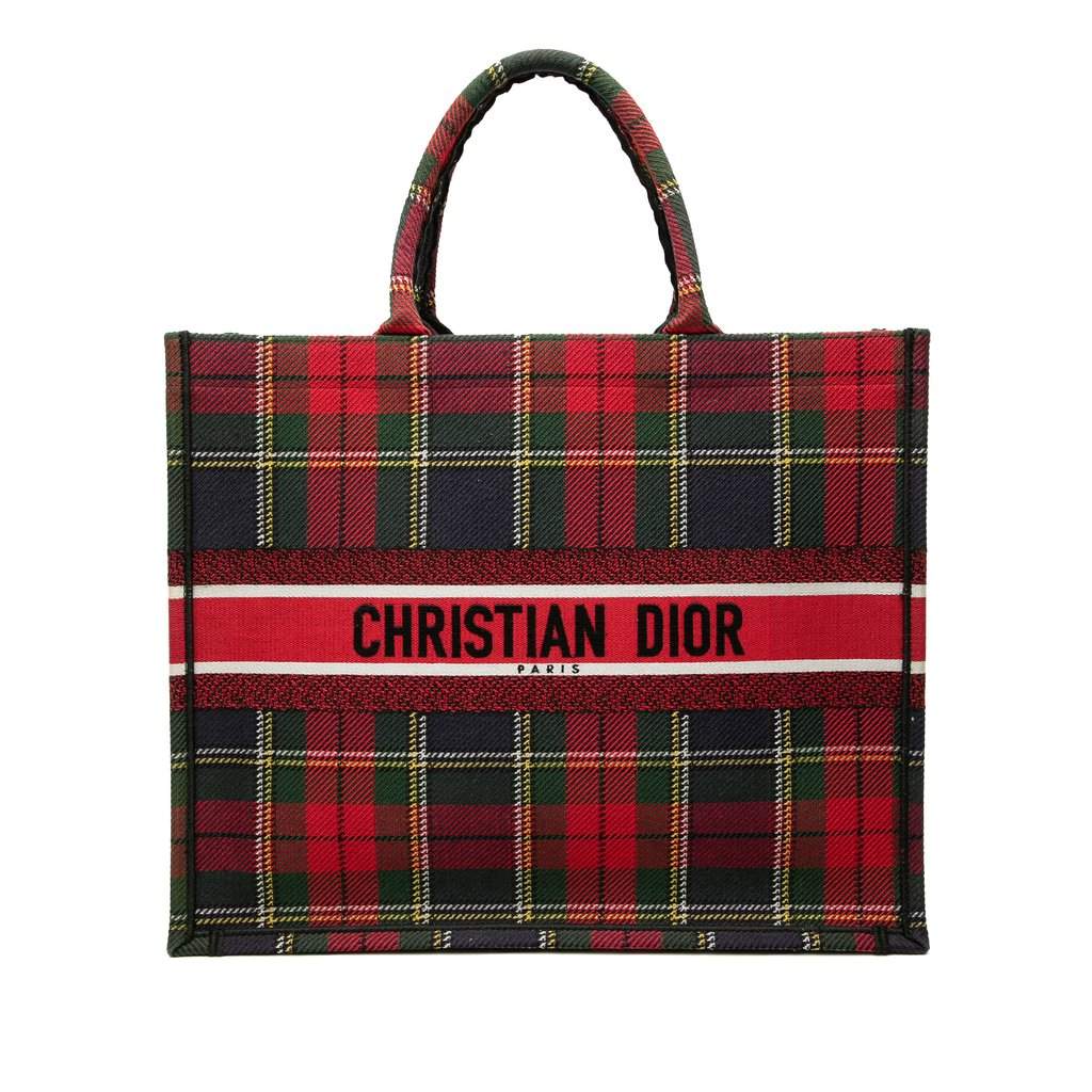 Dior Large Embroidered Canvas Tartan Check Book Tote White Very good condition - Front View