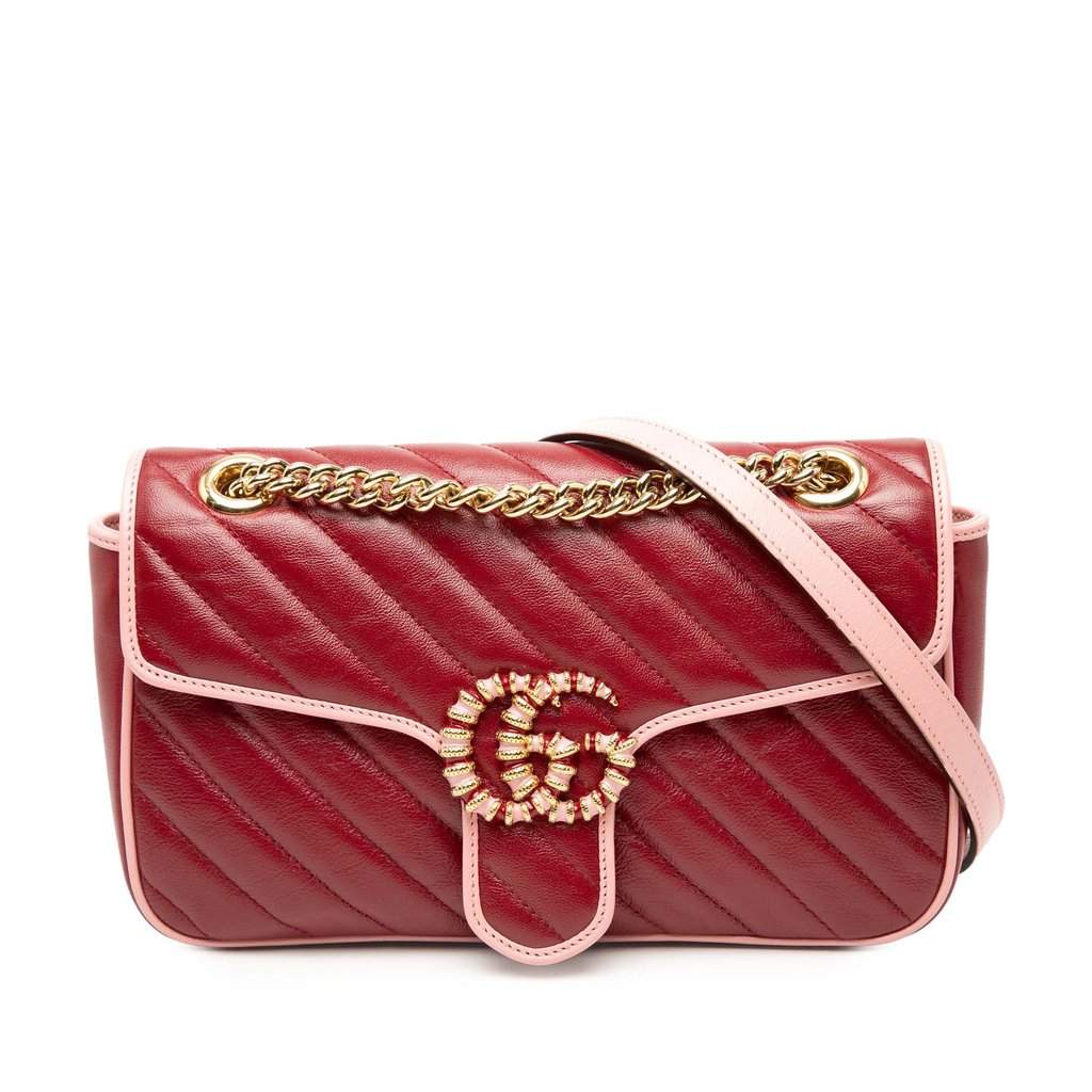 Gucci Medium GG Marmont Matelasse Diagonal Leather Torchon Shoulder Bag Red Leather Very good condition - Front View