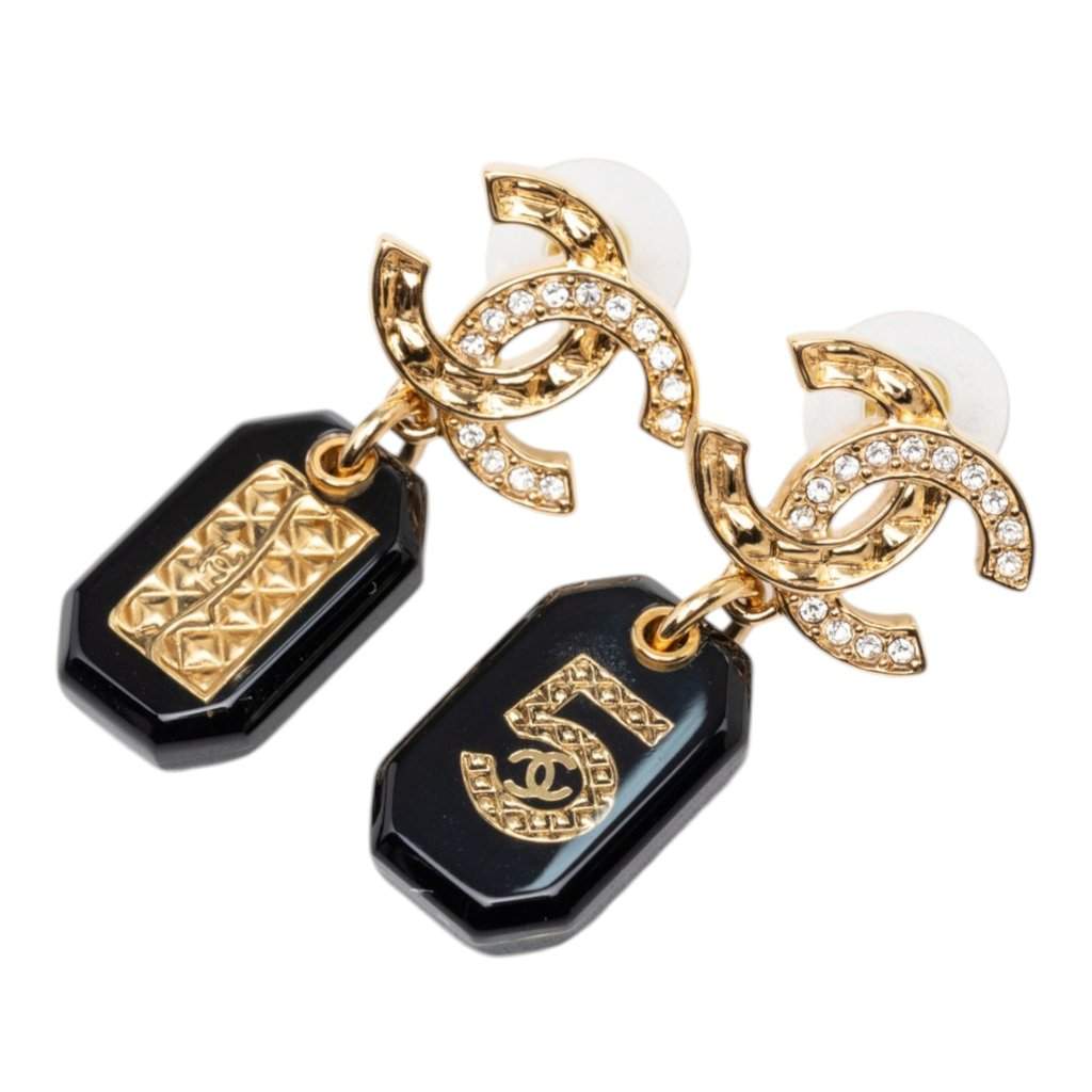 Chanel CC Gold Plated Strass and Resin No 5 Drop Push Back Earrings Gold Metal Very good condition - Front View