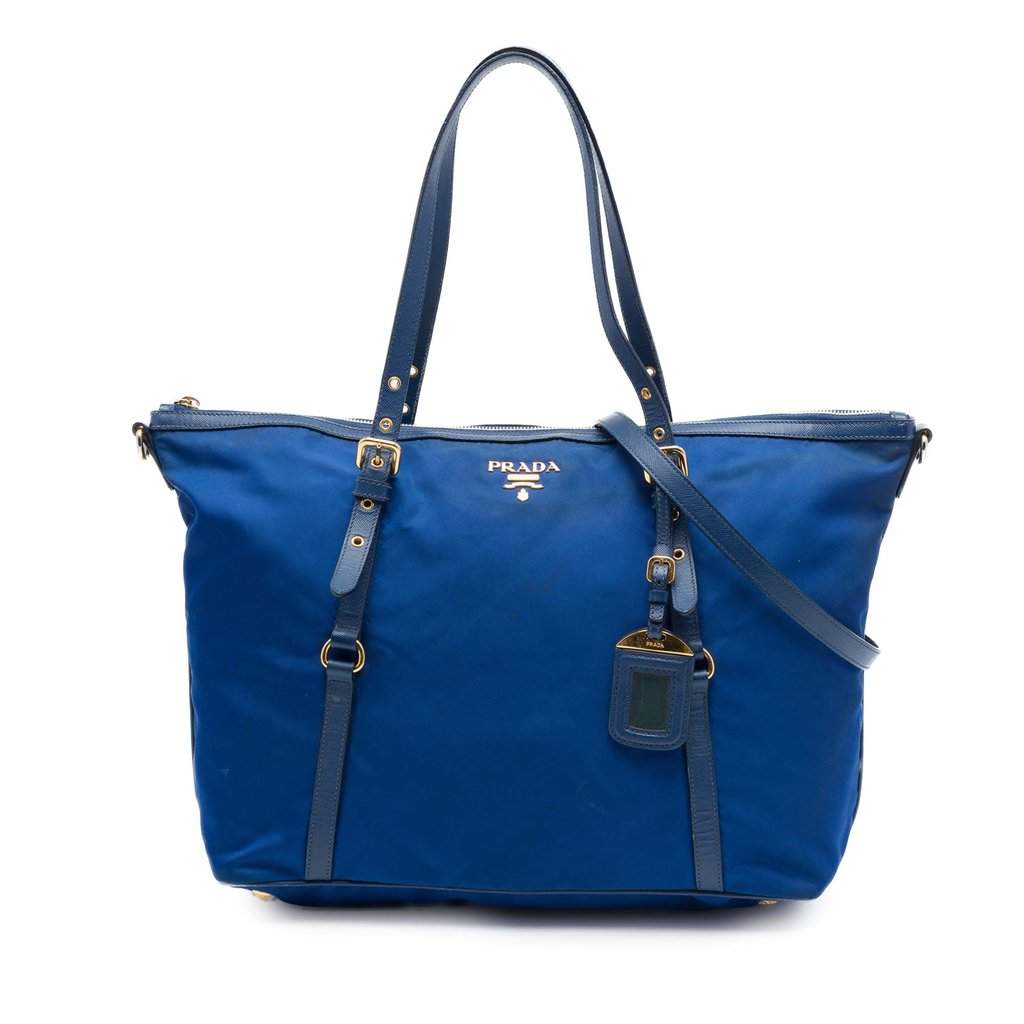 Prada Saffiano Trimmed Tessuto Zip Top Convertible Tote Blue Good condition - Front View