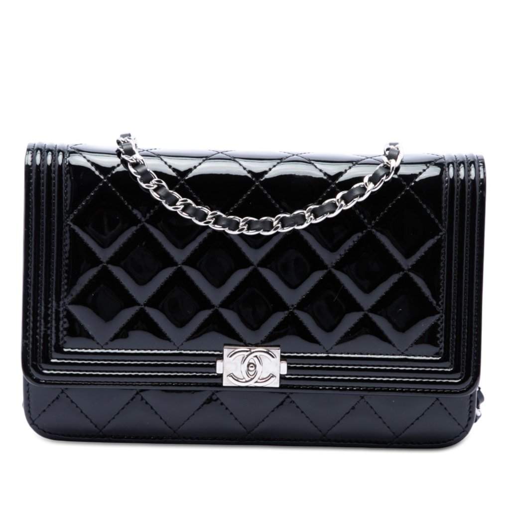 Chanel Quilted Patent Boy Wallet on Chain Black Leather Very good - Front View