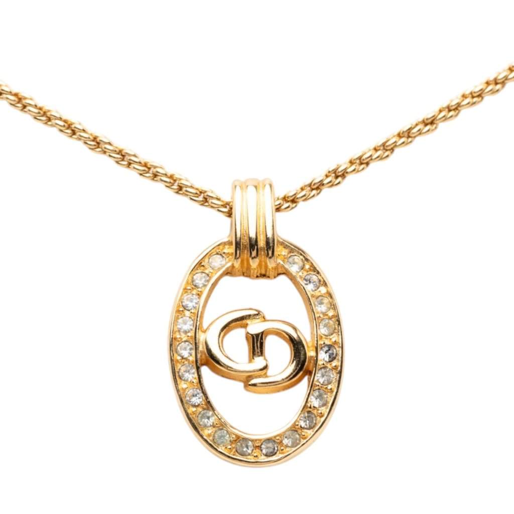 Dior Gold Plated Strass CD Logo Oval Pendant Necklace Gold Metal Very good condition - Front View