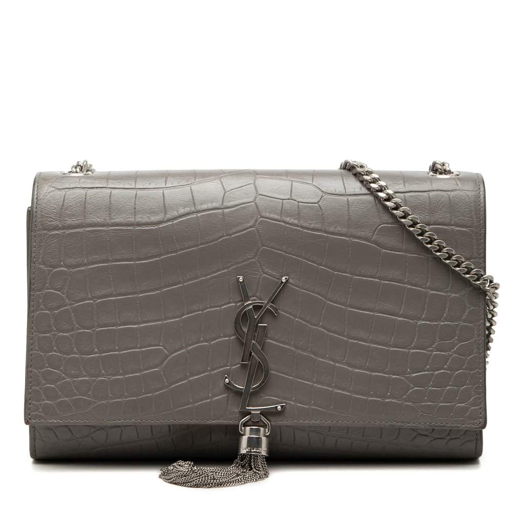 Saint Laurent Medium Croc Embossed Leather Monogram Kate Tassel Crossbody Green Leather Good condition - Front View