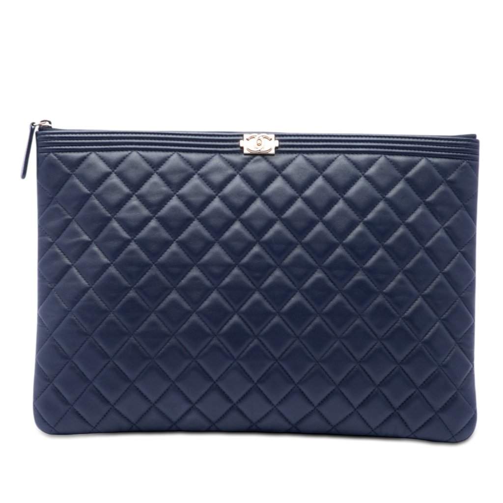 Chanel Large Quilted Lambskin Boy O Case Clutch Blue Leather Very good condition - Front View