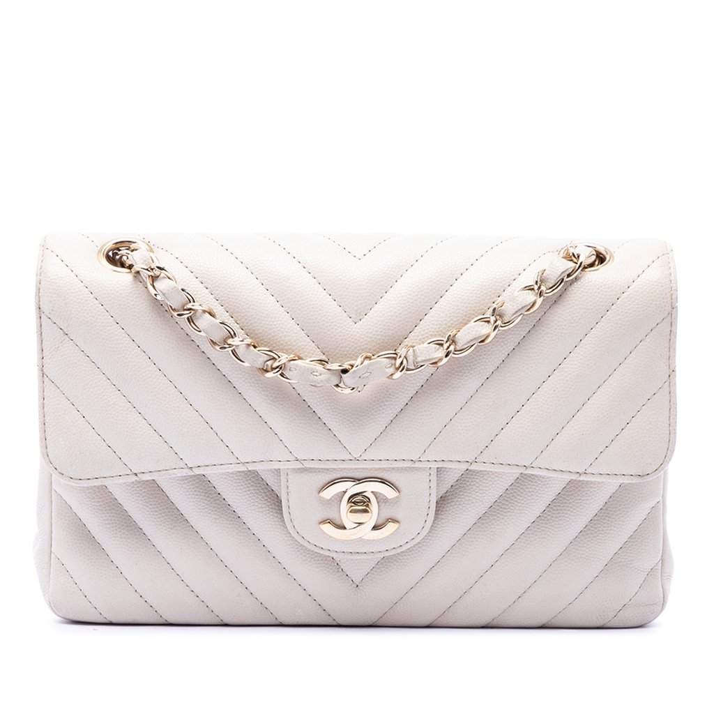 Chanel Small Classic Chevron Caviar Double Flap White Leather Very good - Front View