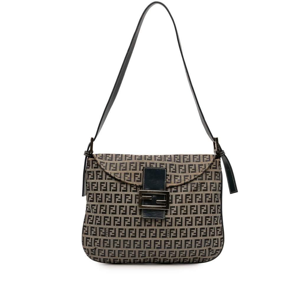 Fendi Zucchino Canvas Double Flap Shoulder Bag Beige Good - Front View