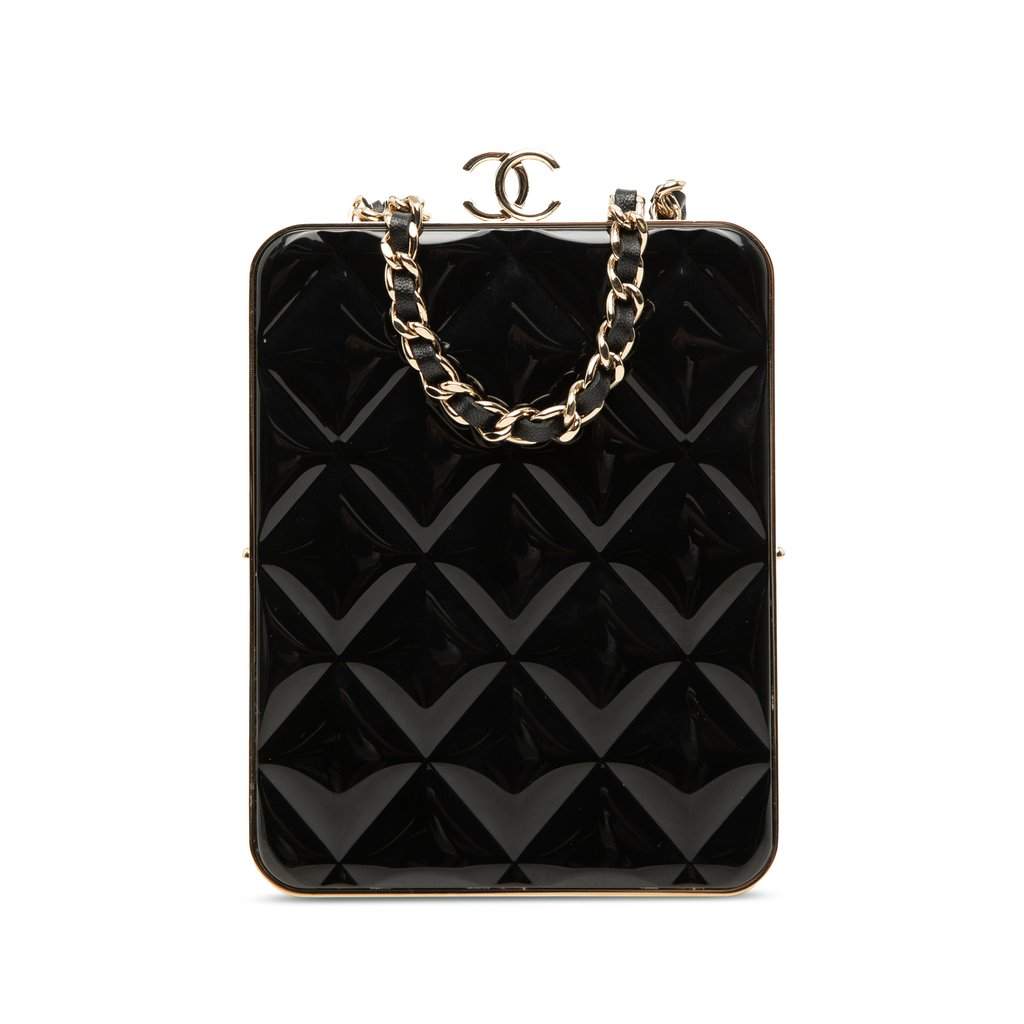 Chanel CC Quilted Acrylic and Lambskin Evening Clutch With Chain Black Leather Very good condition - Front View