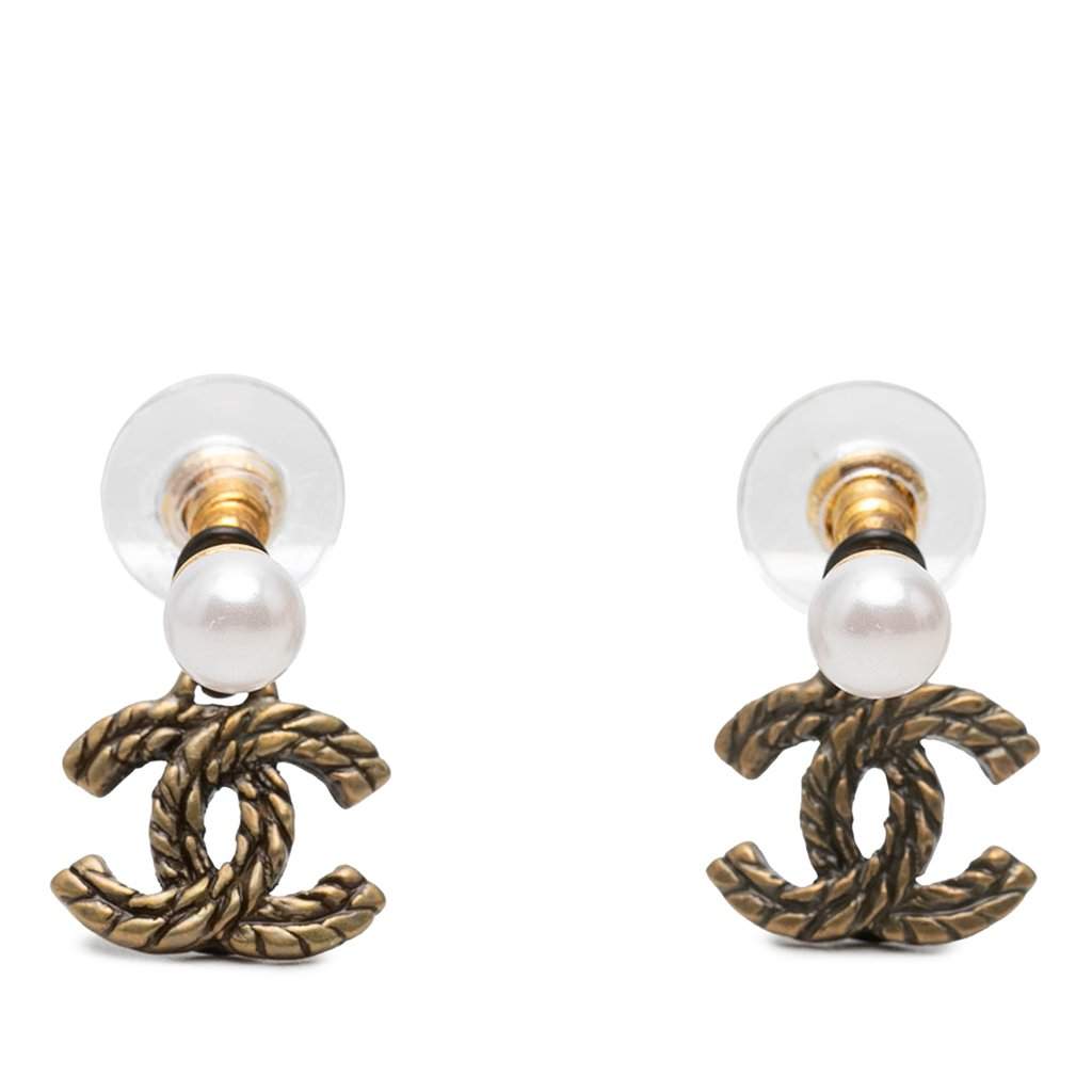 Chanel CC Gold Plated Faux Pearl Rope Drop Push Back Earrings Gold Metal Very good condition - Front View