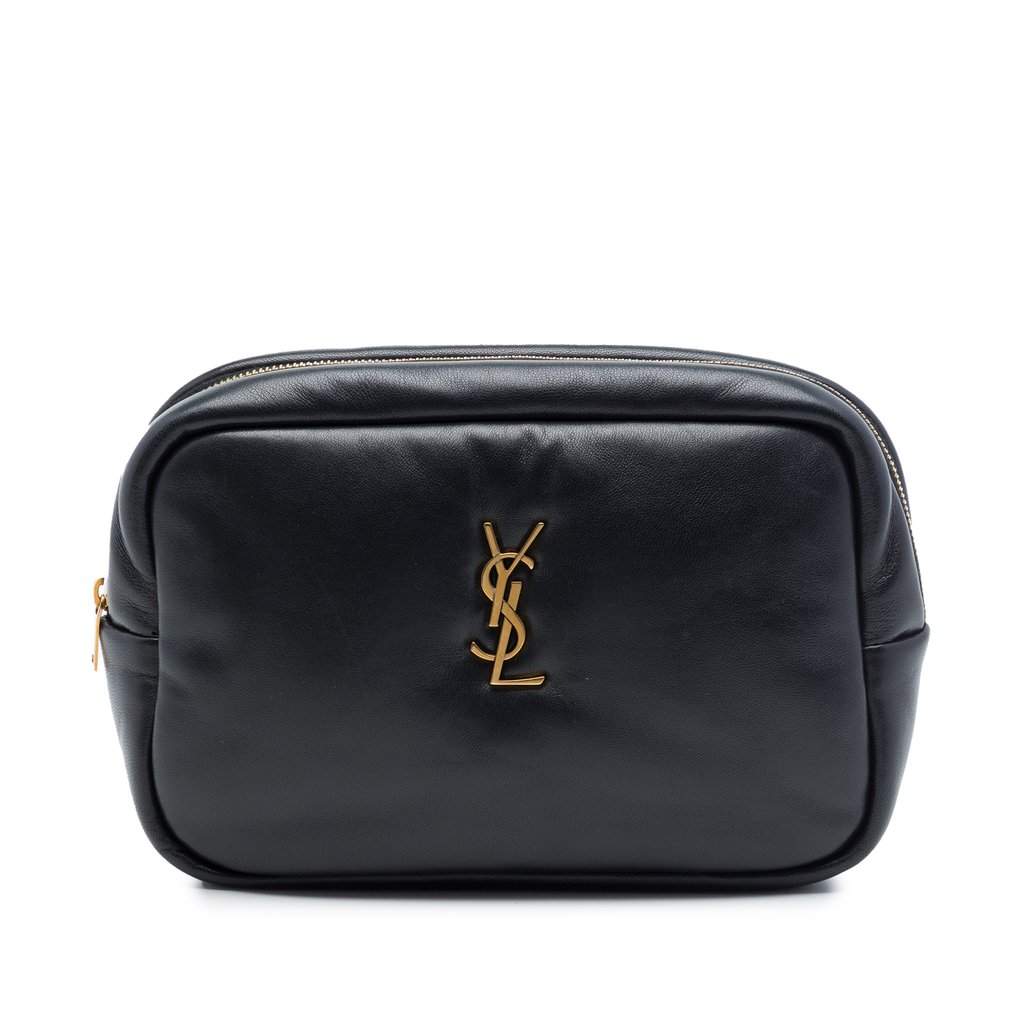 Saint Laurent Small Padded Lambskin Monogram Calypso Cosmetic Pouch Black Leather Very good - Front View