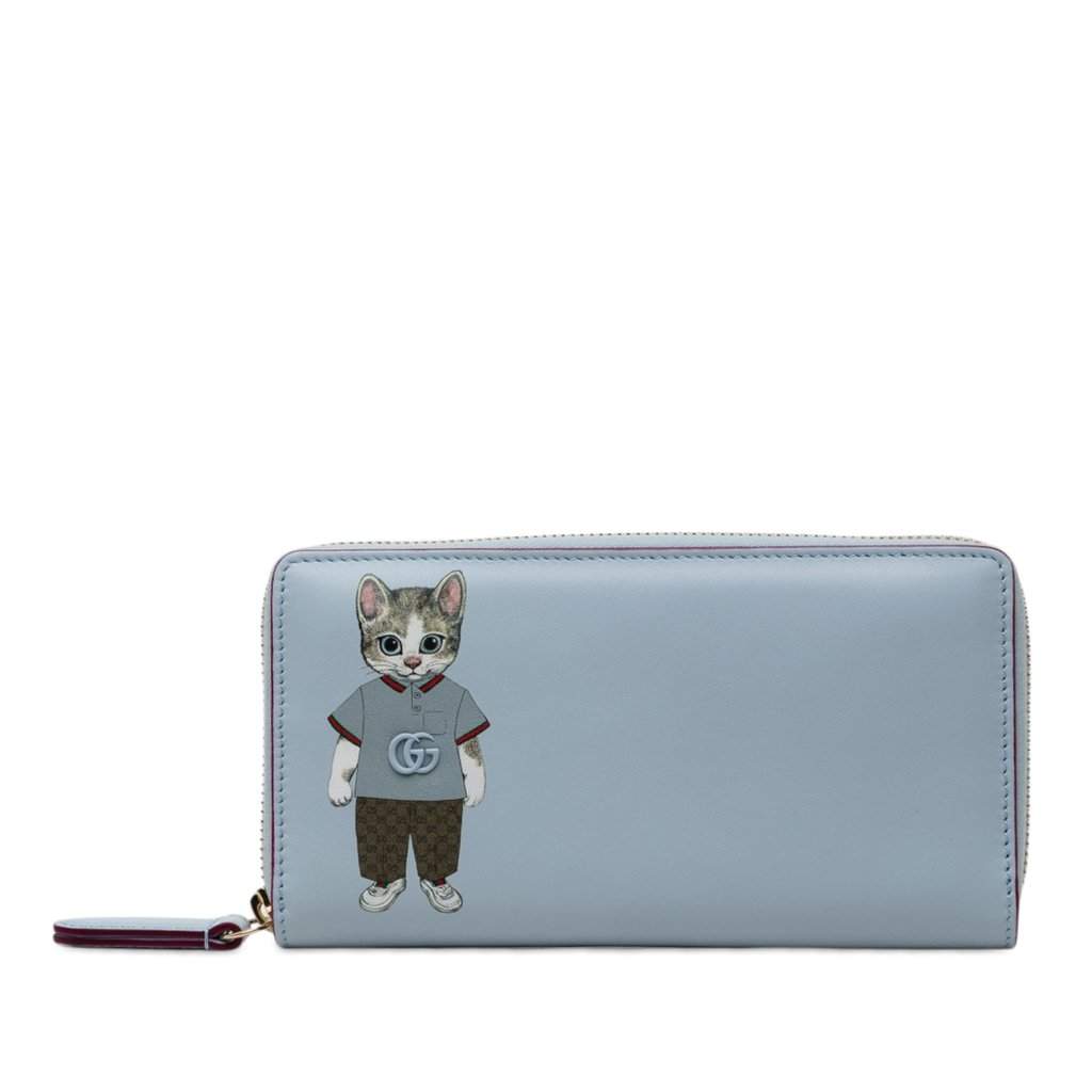 Gucci Yuko Higuchi Calfskin Cat Boris Zip Around Wallet Blue Leather Very good condition - Front View
