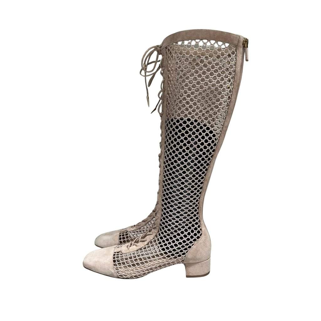 Christian Dior Christian Dior Beige Resille Naughtily-D Lace-Up Over-The-Knee Boots - Size 40 Pre-owned Beige Lace Good condition - Front View