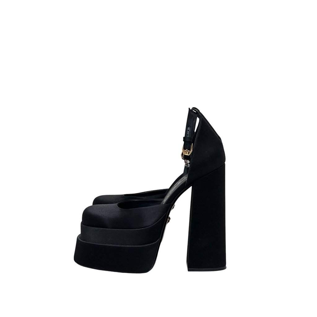 Versace Versace La Medusa Crystal Satin Block Heel Pumps Sz 38 pre-owned Black Satin Good condition - Front View