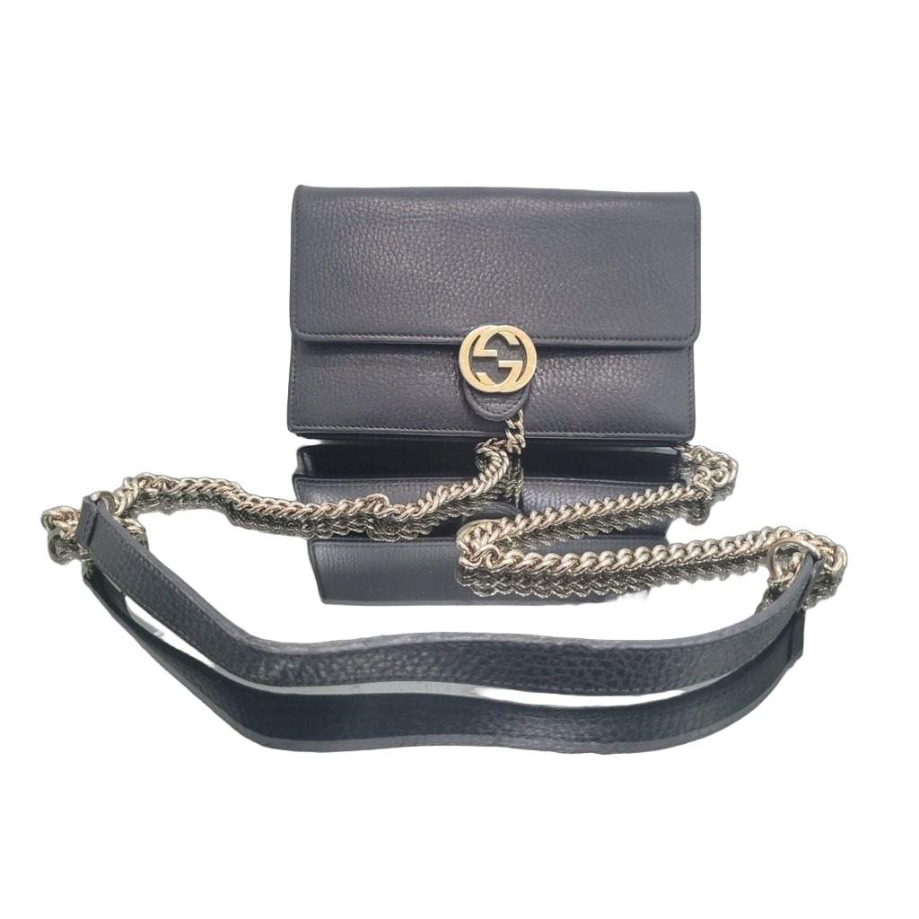 Gucci Gucci Interlocking G Black Leather Wallet on Chain Pre-owned Black Leather Good - Front View