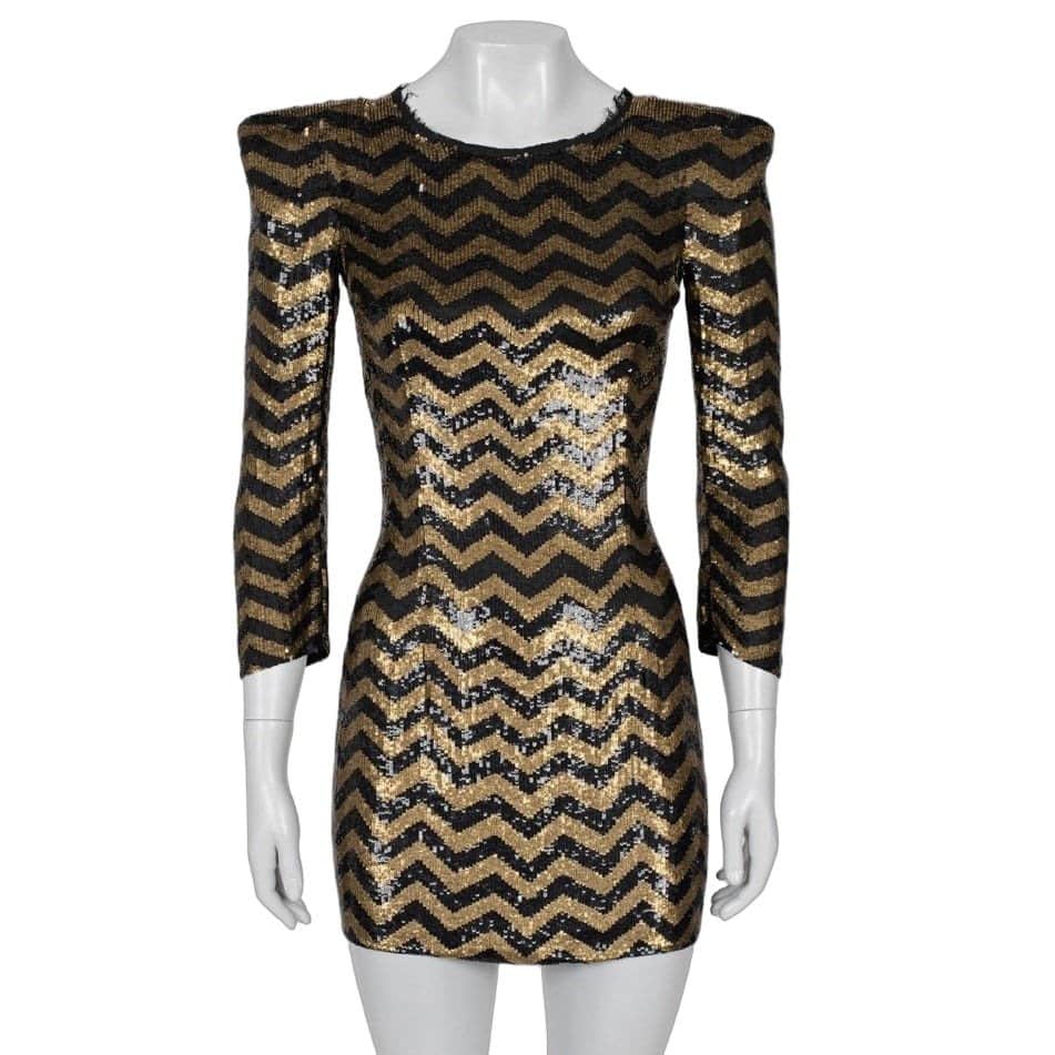 Balmain Balmain Striped Sequin Silk Mini Dress - Size S pre-owned Gold Silk Good condition - Front View