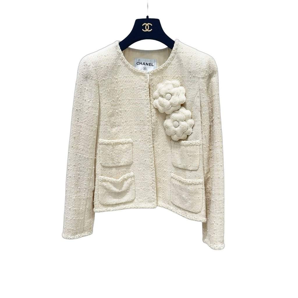 Chanel Chanel Camellia Cream Tweed Jacket Sz.38 pre-owned Camel Tweed Good - Front View