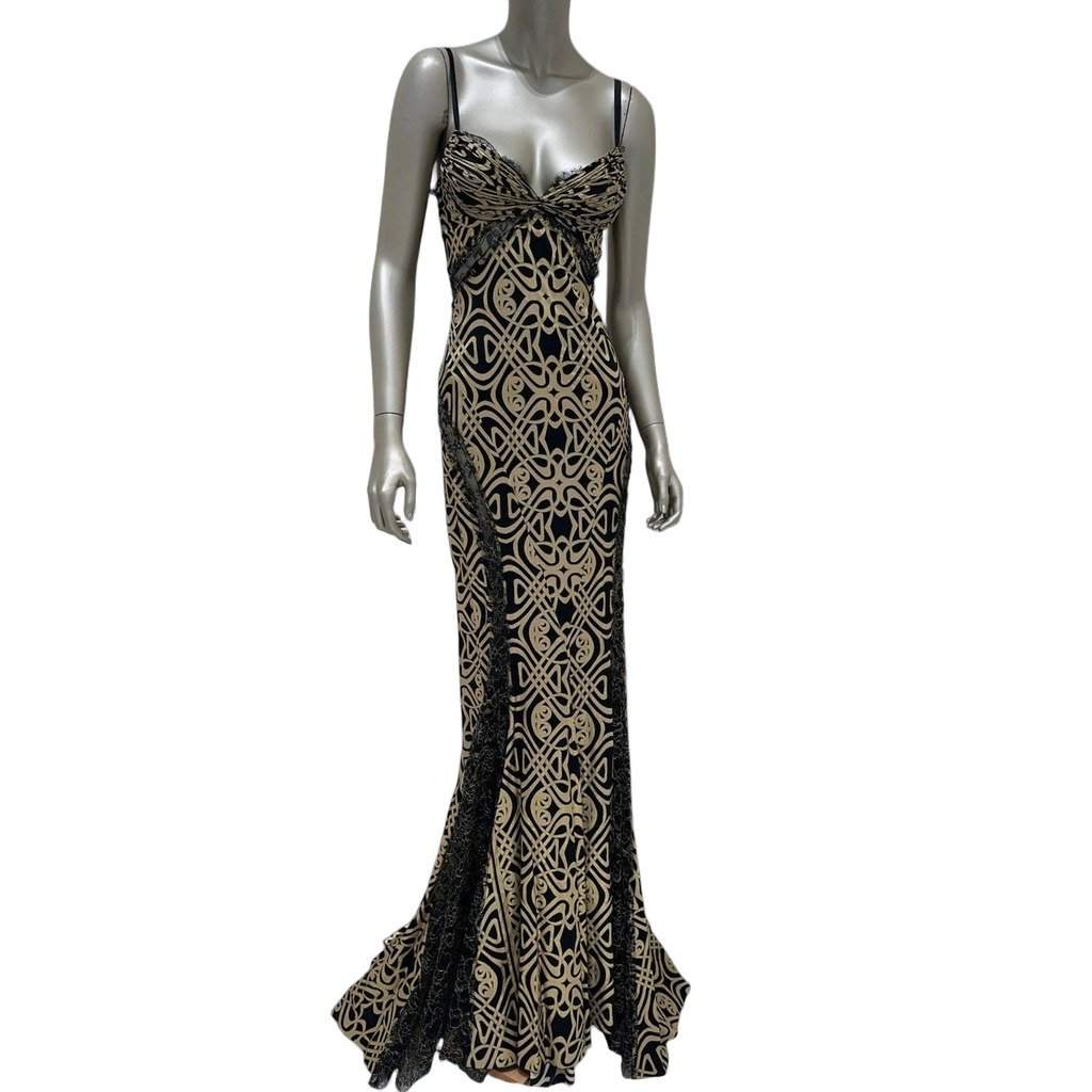 Roberto Cavalli Roberto Cavalli Black & Gold Print Silk Maxi Dress Sz 38 Pre-owned Black Silk Good - Front View