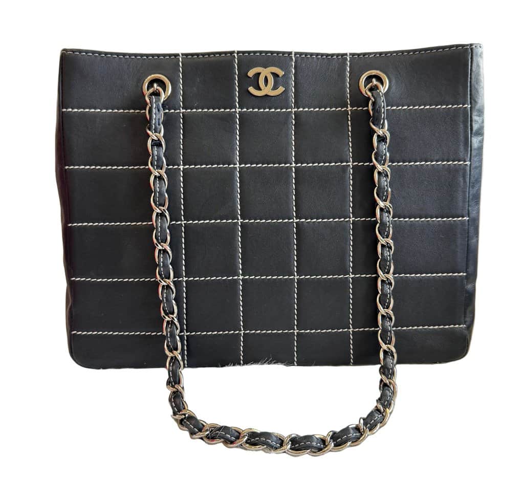 Chanel Choco Bar Wild stitch leather chain tote Navy Leather Good - Front View