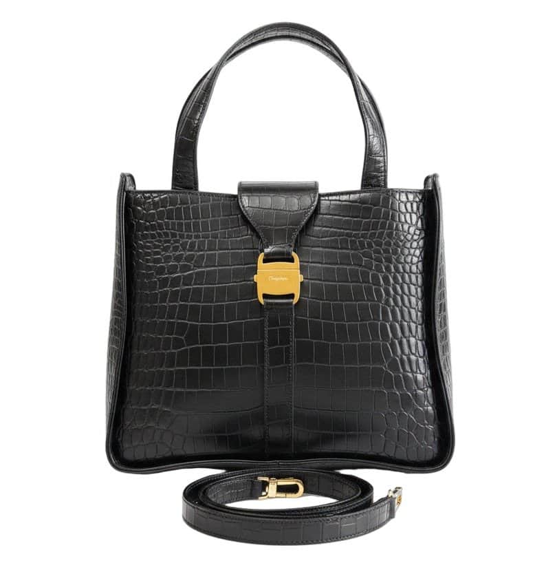Salvatore Ferragamo Croc Embossed Black Two-way Bag Black Leather Good - Front View