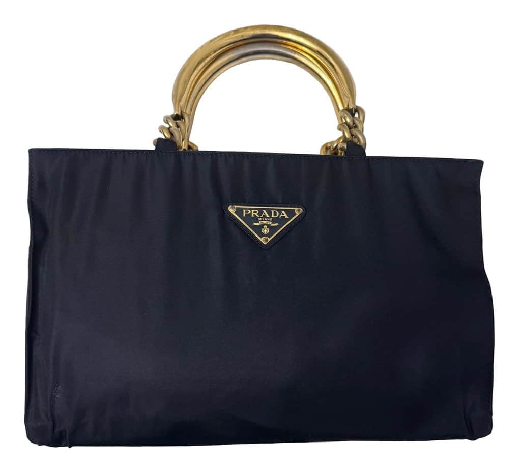 Prada Tessuto Navy Blue Metal Handle Handbag Navy Good - Front View