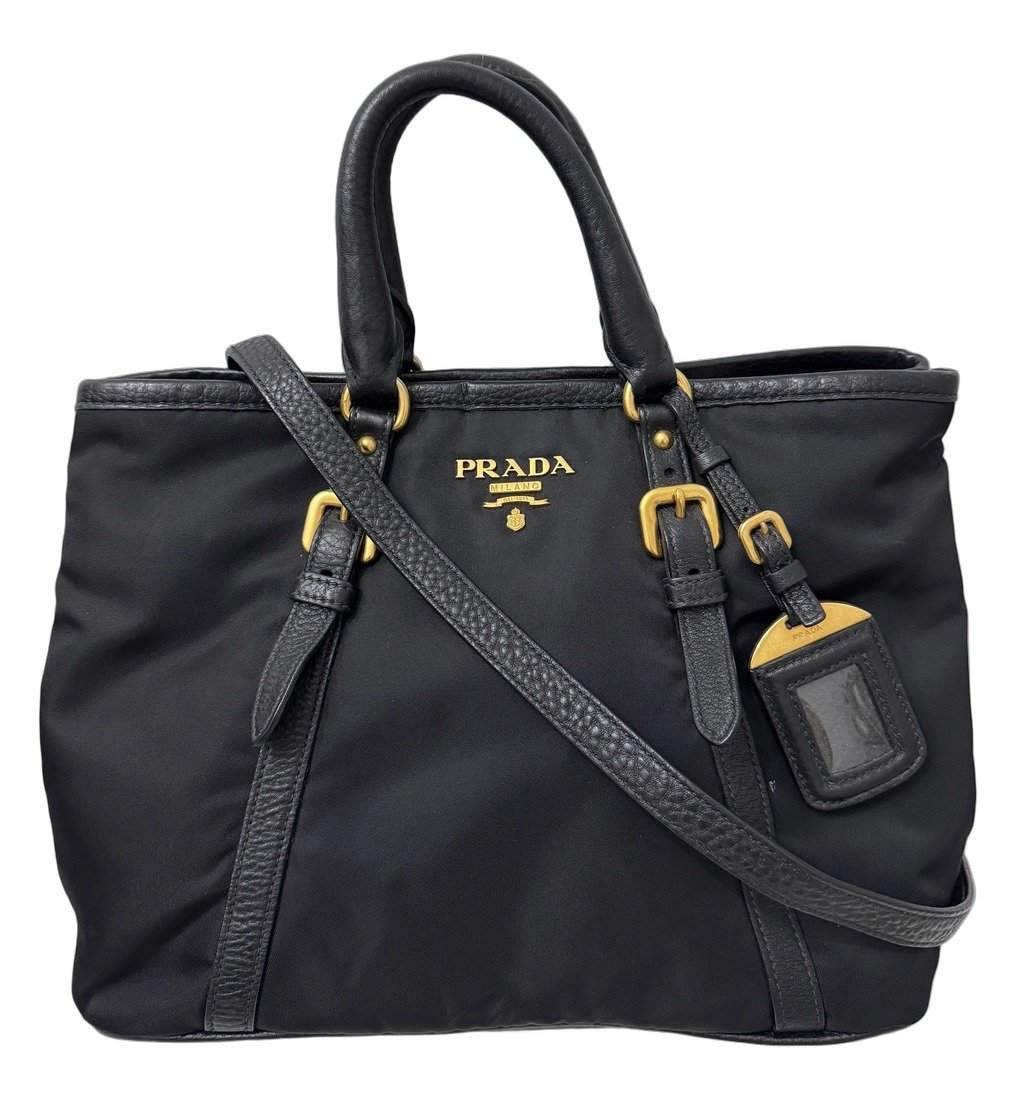 Prada Tessuto Nylon Black Two Way Bag Black Good - Front View